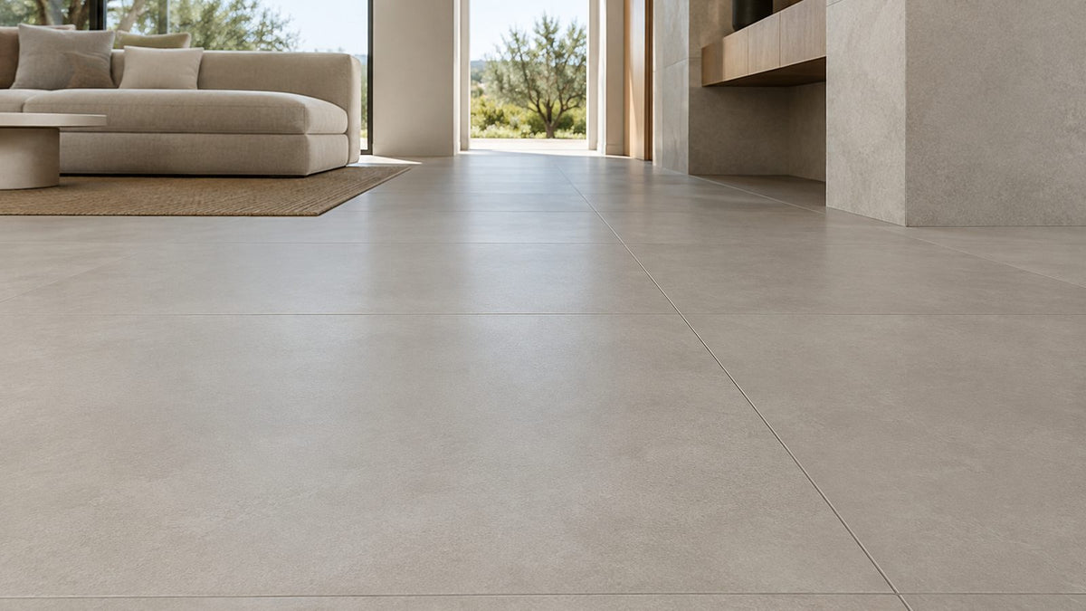 Large-format matt grey porcelain tile floor in a modern living area