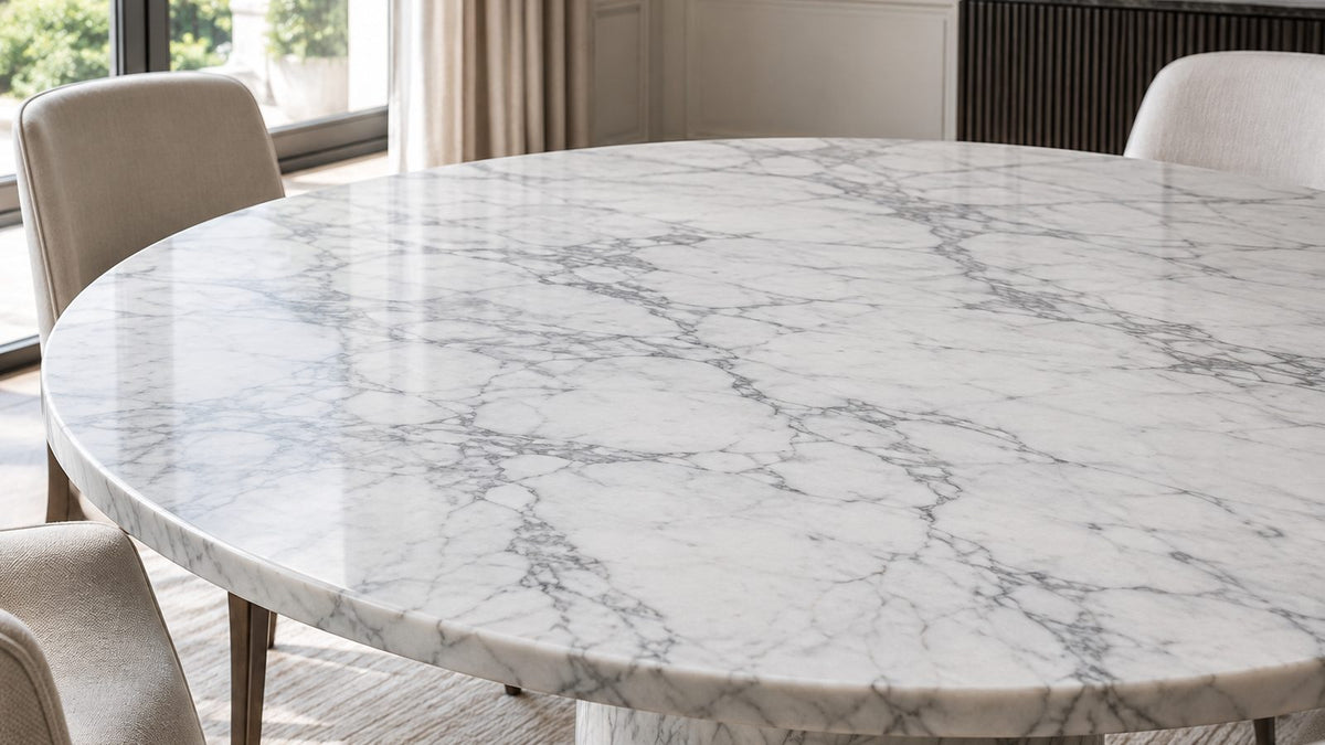Round white marble dining table top with grey veining