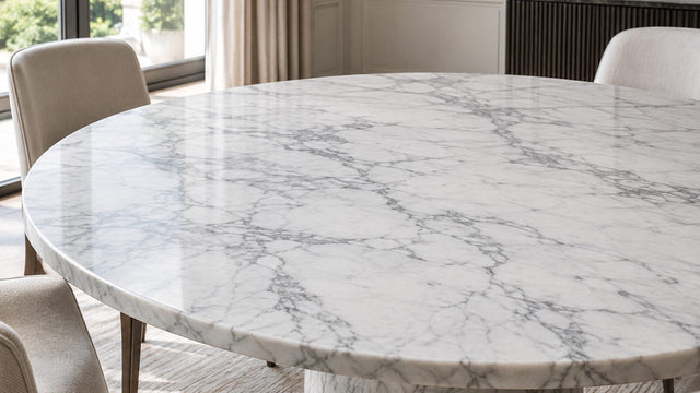 Round white marble dining table top with grey veining