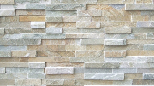 Stacked quartzite wall cladding in cream, grey and gold tones