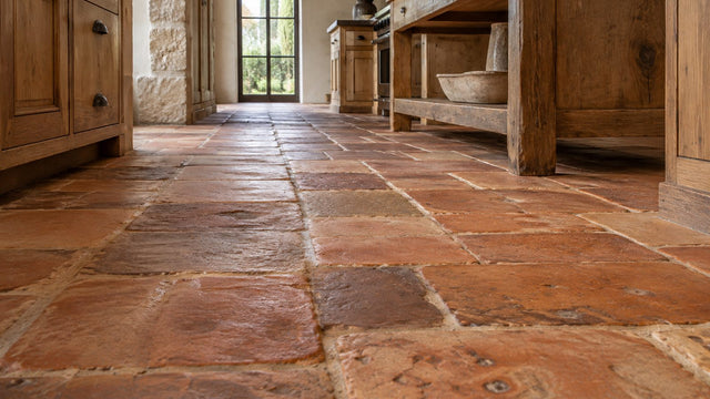 Handmade terracotta tile floor in a rustic farmhouse kitchen