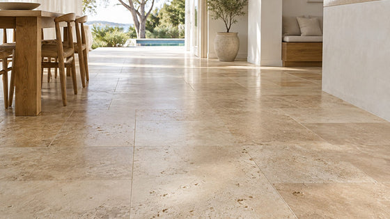 Close-up of vein-cut travertine with natural pores